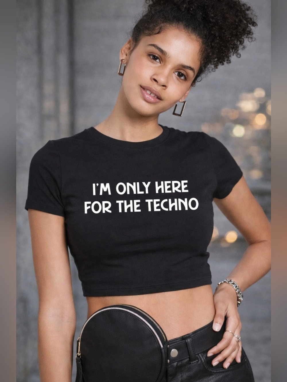 Wild Fable Techno Coexist Black Crop Top – Graphic Festival Tee – New